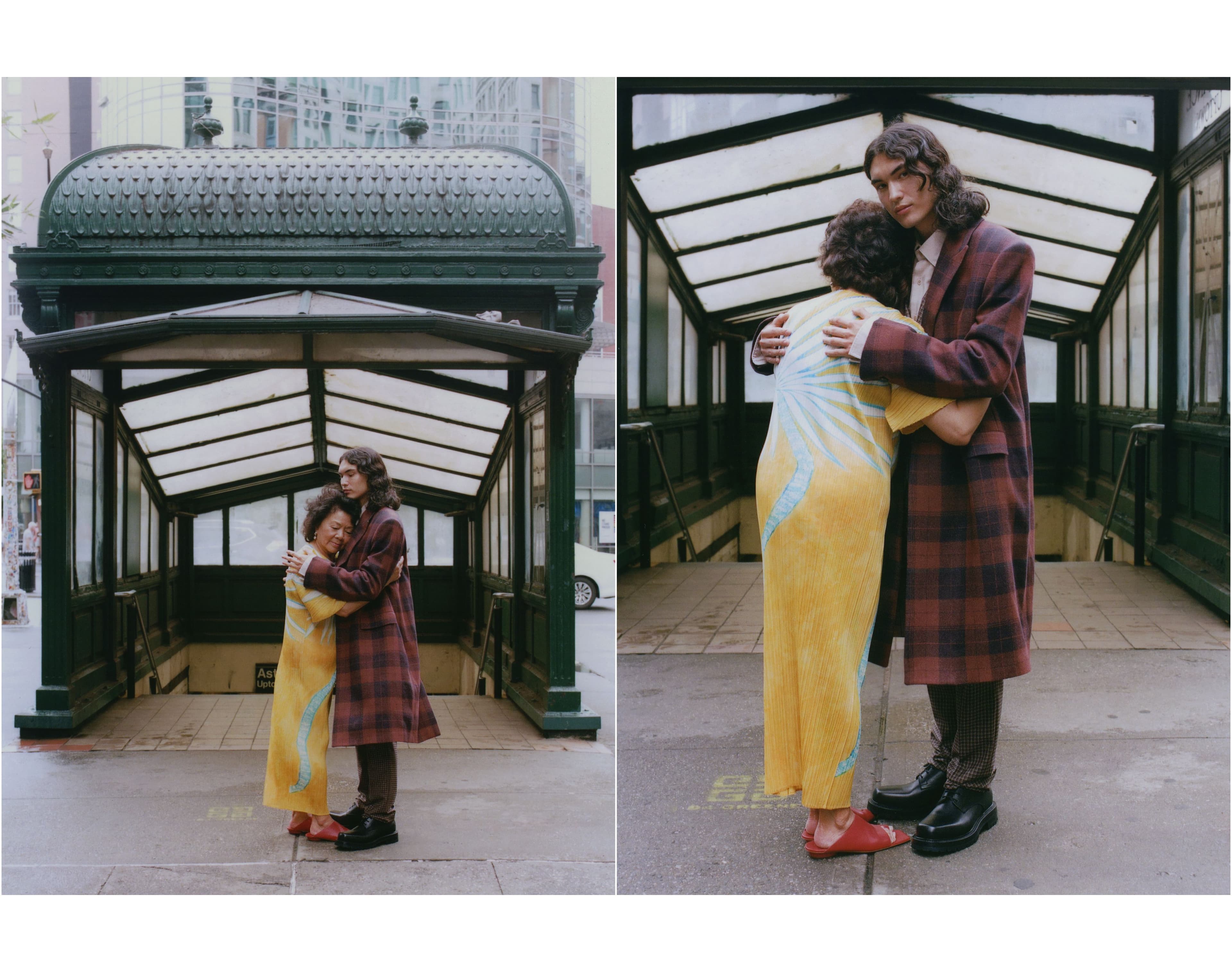 Daxia wears dress by Pleats Please Issey Miyake. Shoes by Tibi. Earrings by Agmes. Ethan wears coat and suit by Paul Smith. Shirt by Colbo NYC. Shoes by Dries Van Noten.