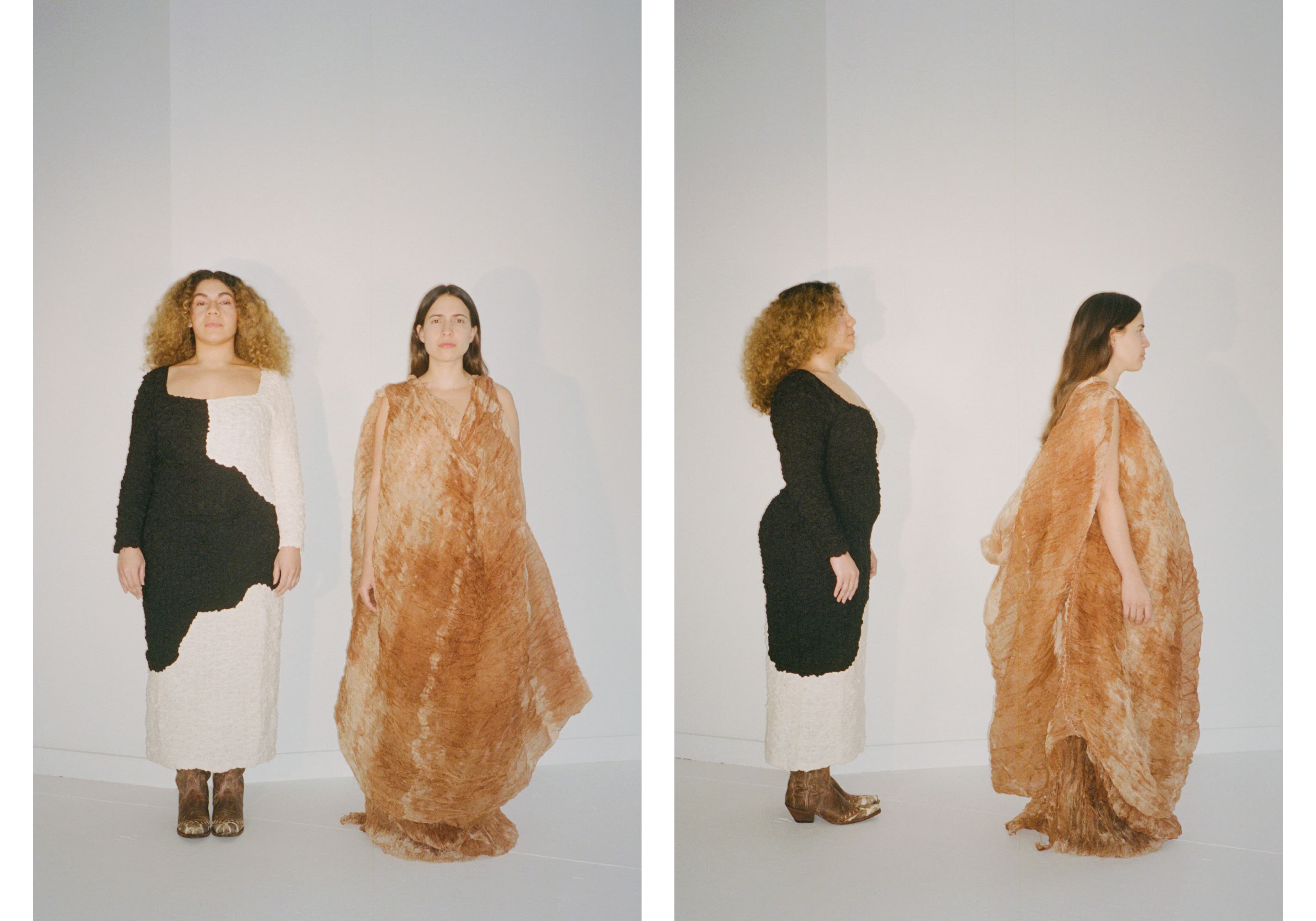 From left, De Jesús wears dress by Mara Hoffman. Boots, talent’s own. Pombo wears dress by Fragmentario.