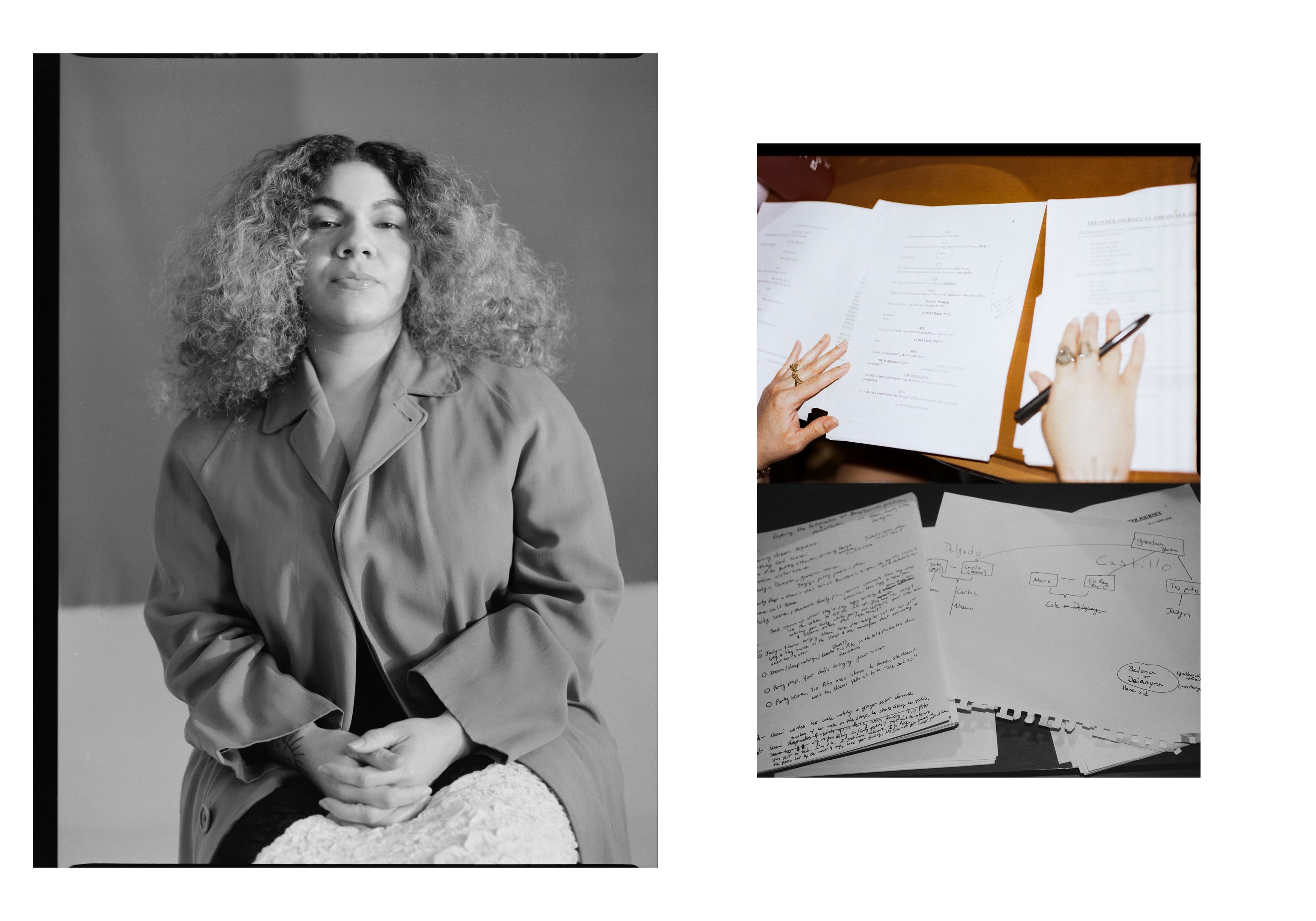 Left: Vintage coat by Burberry. Dress by Mara Hoffman. Right: All rings, De Jesús’s own.