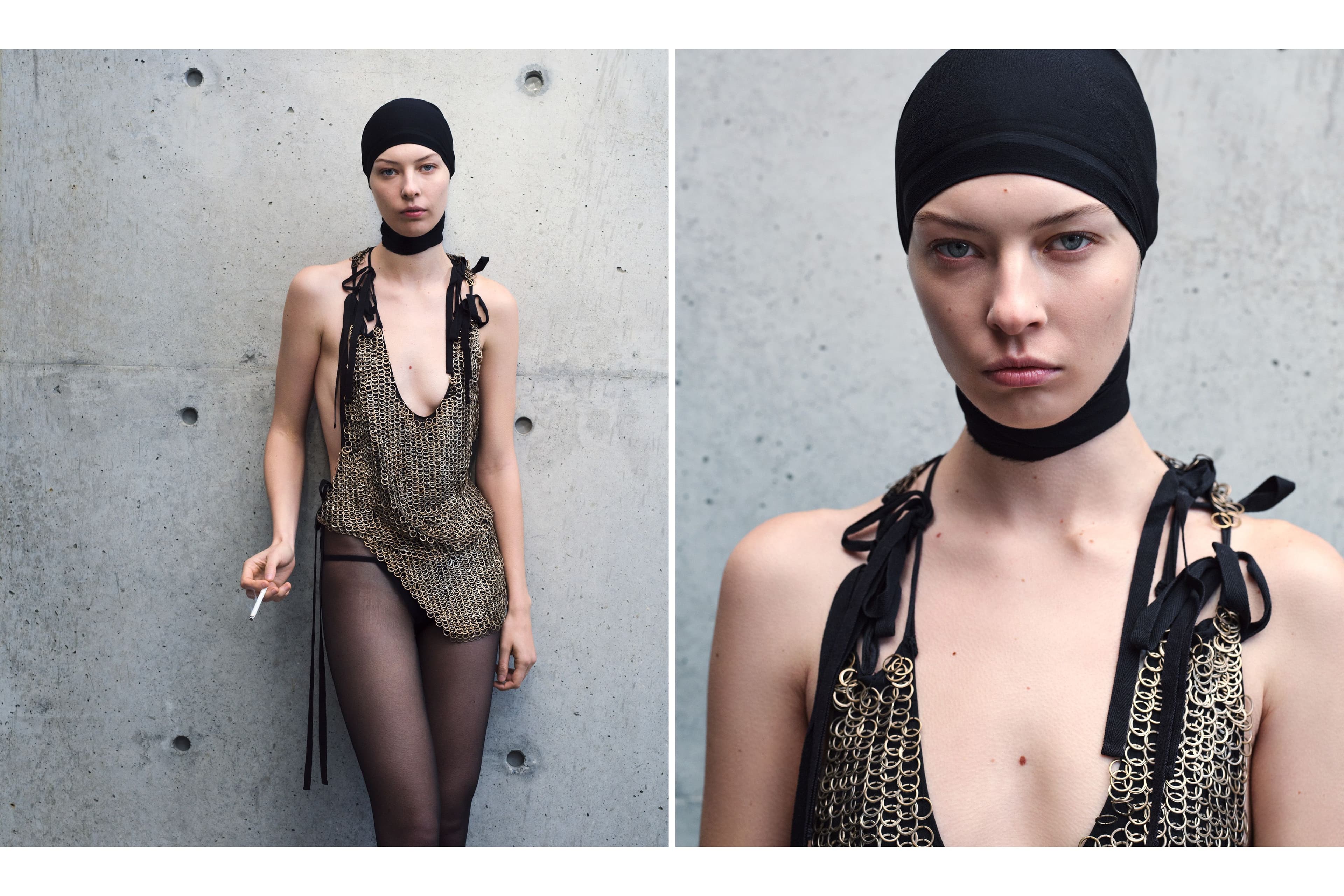 Vintage top by Ann Demeulemeester from Albright Fashion Library. Tights by Wolford. Underwear by Matteau. Headband, stylist’s own.