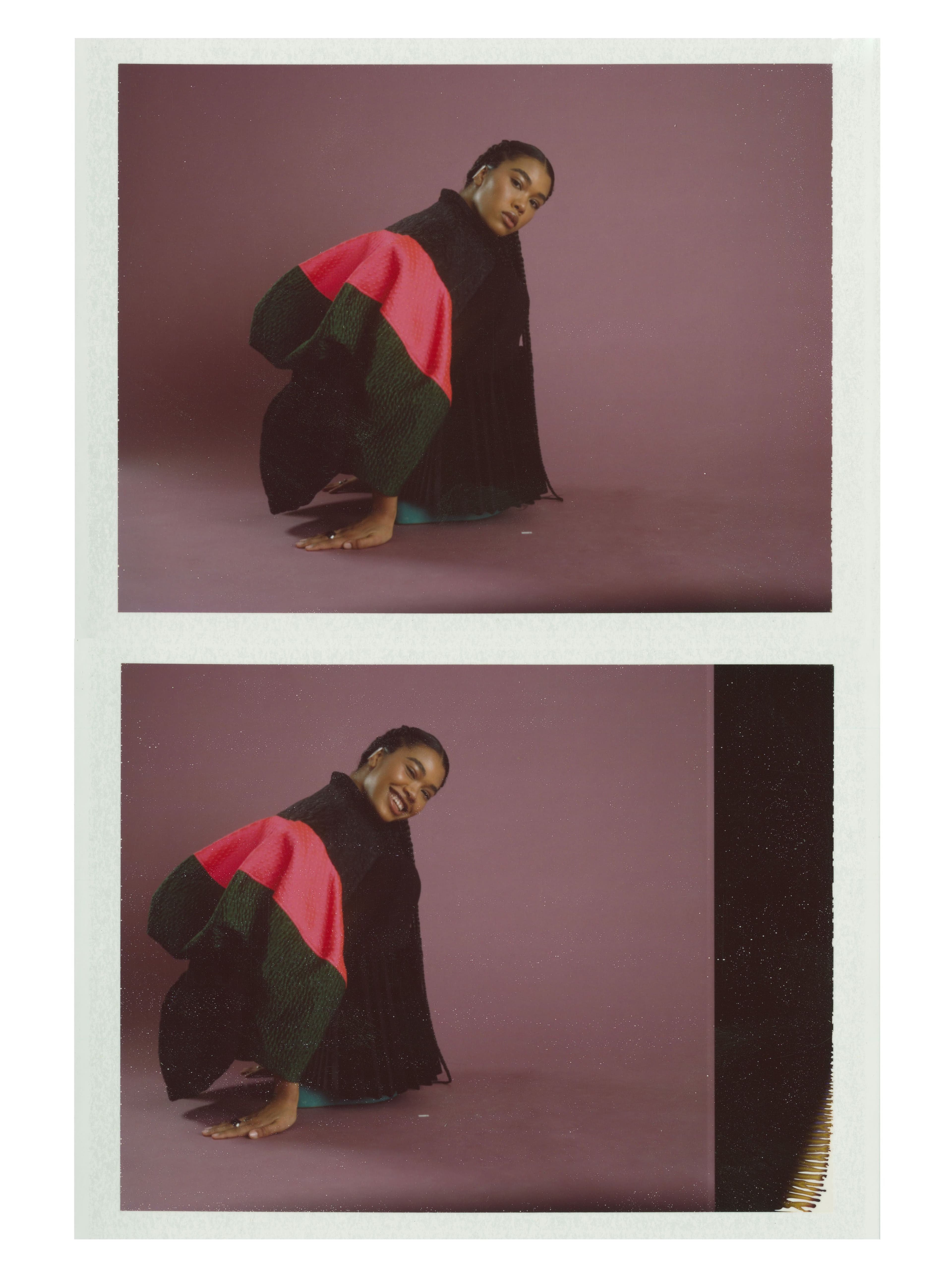 Jacket and skirt by Dries Van Noten. Skirt, worn underneath, by Sarah Aphrodite. Shoes by Simon Miller. All jewelry by Alexander McQueen.