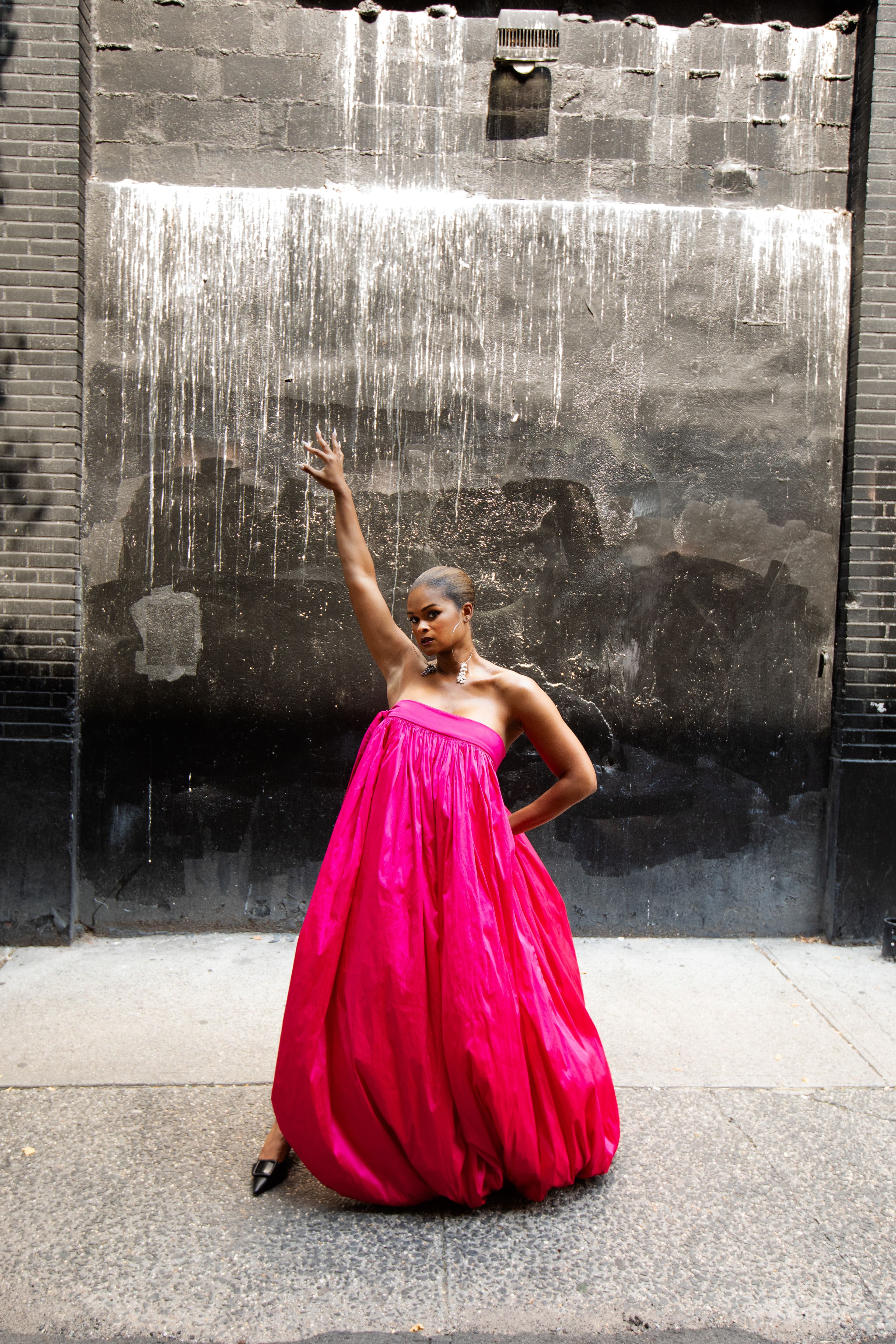 Dress by Miss Claire Sullivan. Shoes by Manolo Blahnik. Earrings, stylist’s own.