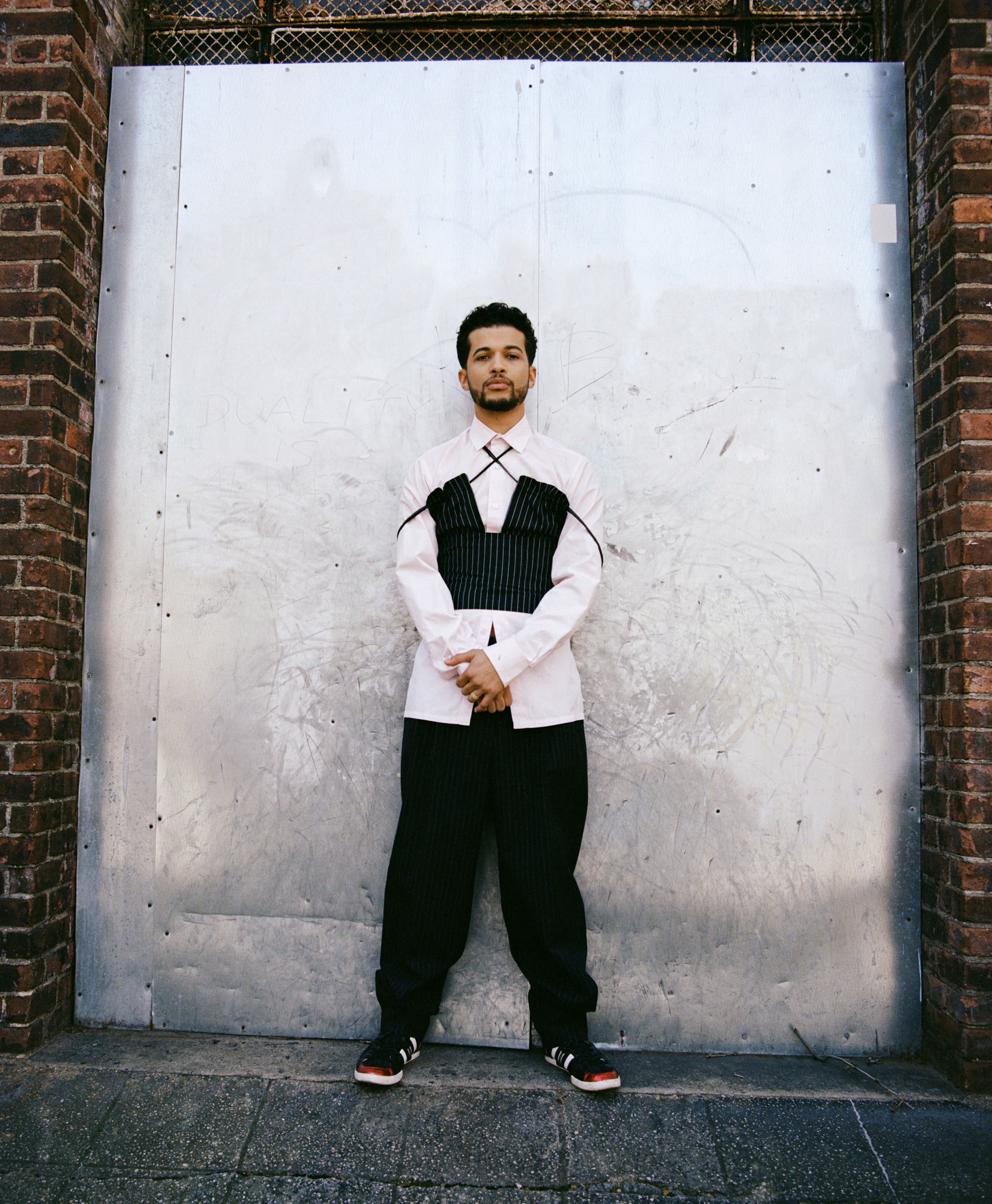 Vintage top by Romeo Gigli from Arara Archive. Vintage shirt by Charvet from Arara Archive. Vintage pants by Céline from Arara Archive. Vintage sneakers by Y-3 from TheRealReal.