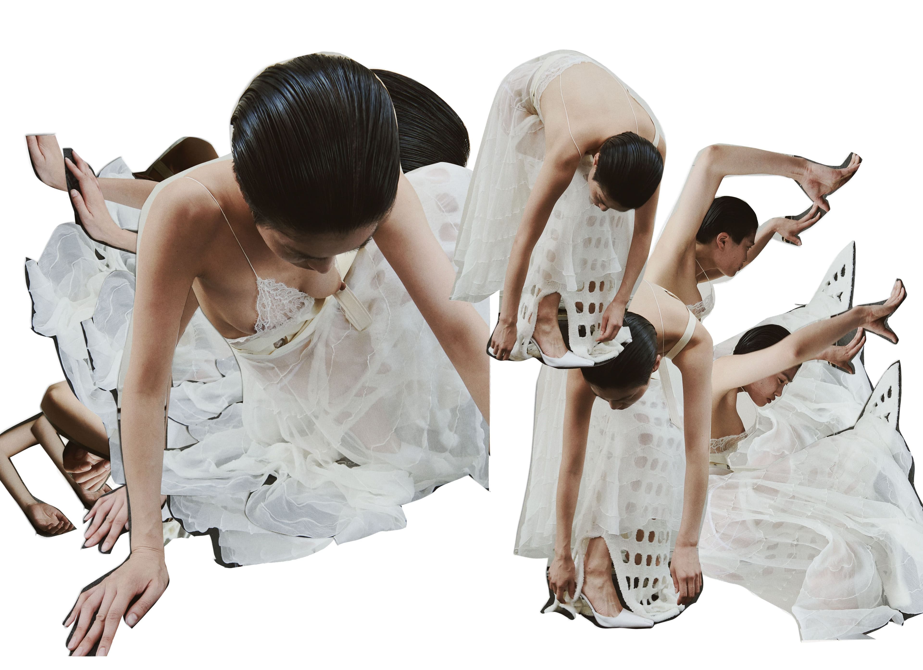 Apron by Kwaidan Editions. Dress by Saint Laurent. Skirt, worn underneath, by Gabrielle Schwan. Underwear by Agent Provocateur.