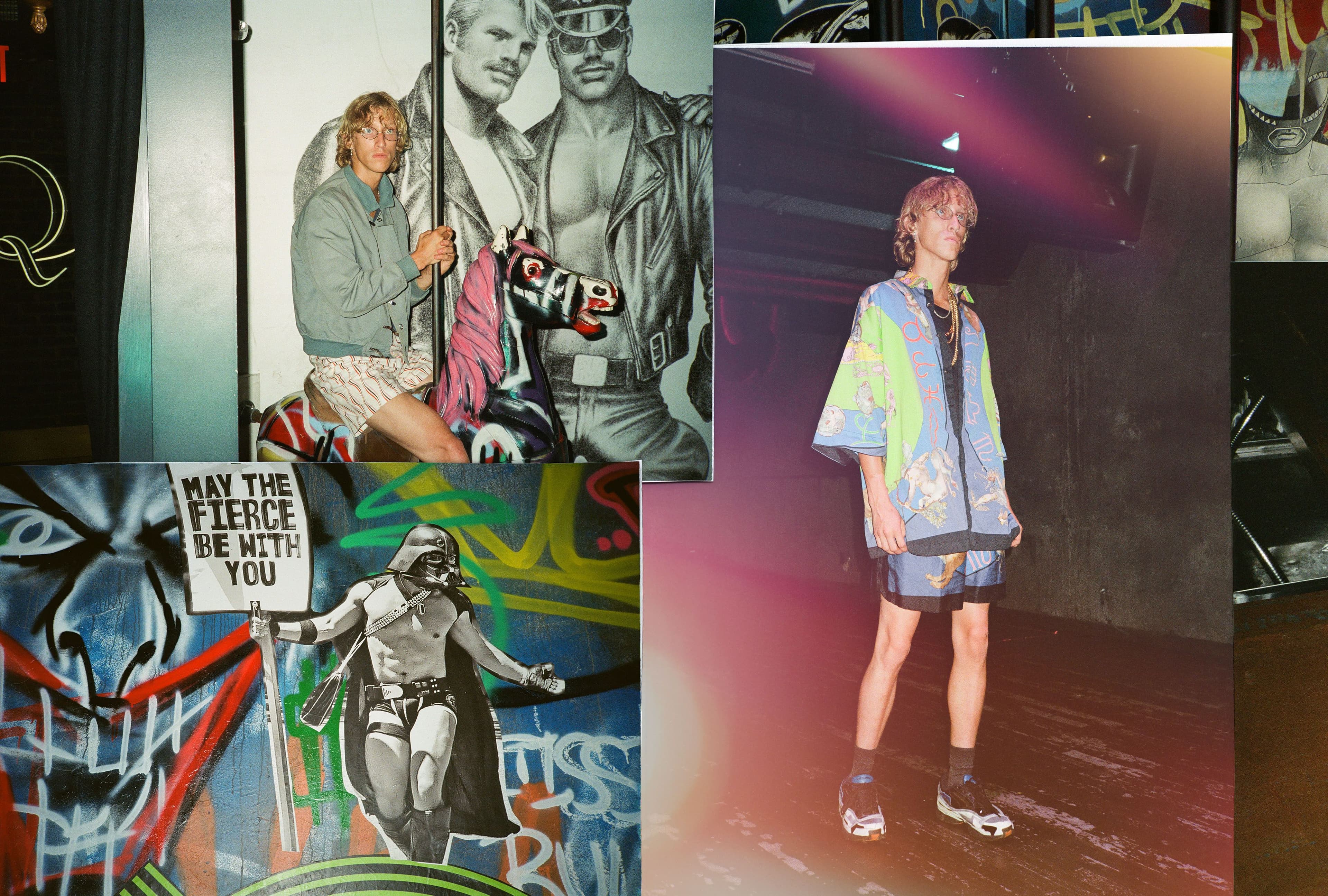 Clockwise from top left: All vintage clothing by Kim Jones. All vintage clothing by Versace. Shoes by Raf Simons, Spring 2012.