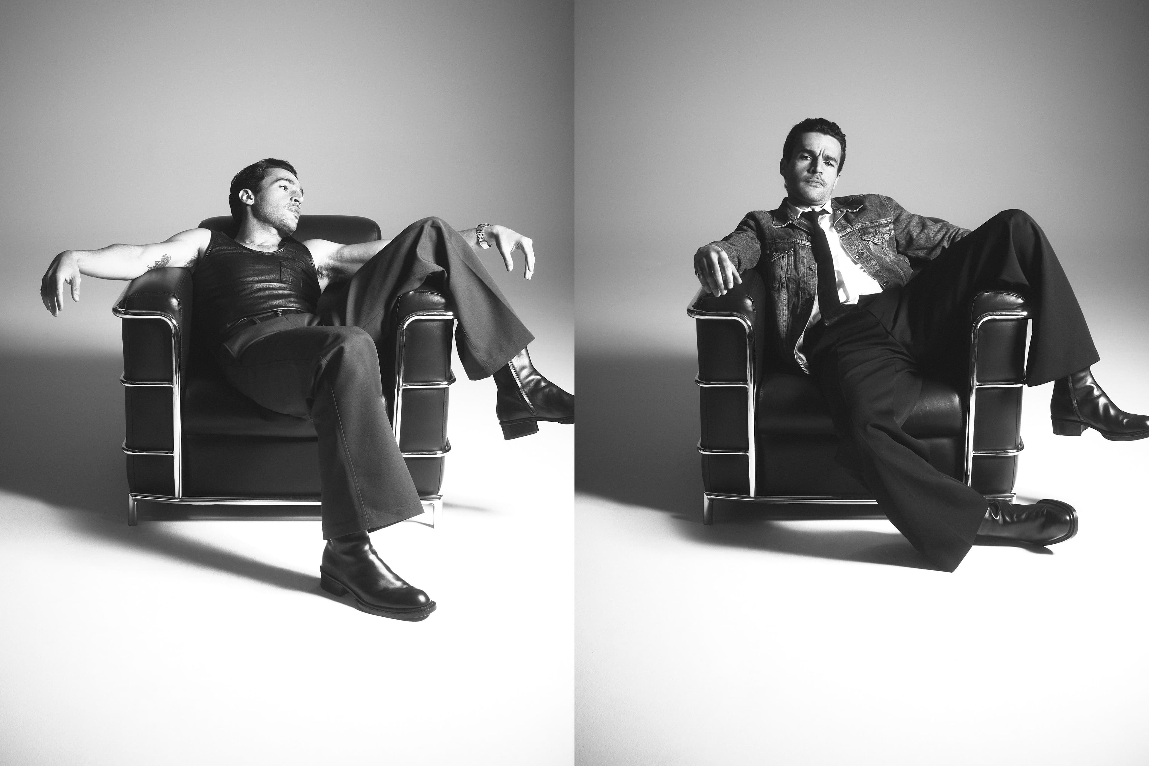 Left: Top by Leatherman. Pants by Lemaire. Belt by Comme des Garçons. Shoes by Alexander McQueen. Right: Jacket by Levi’s. Shirt, pants, tie, and shoes by Alexander McQueen.