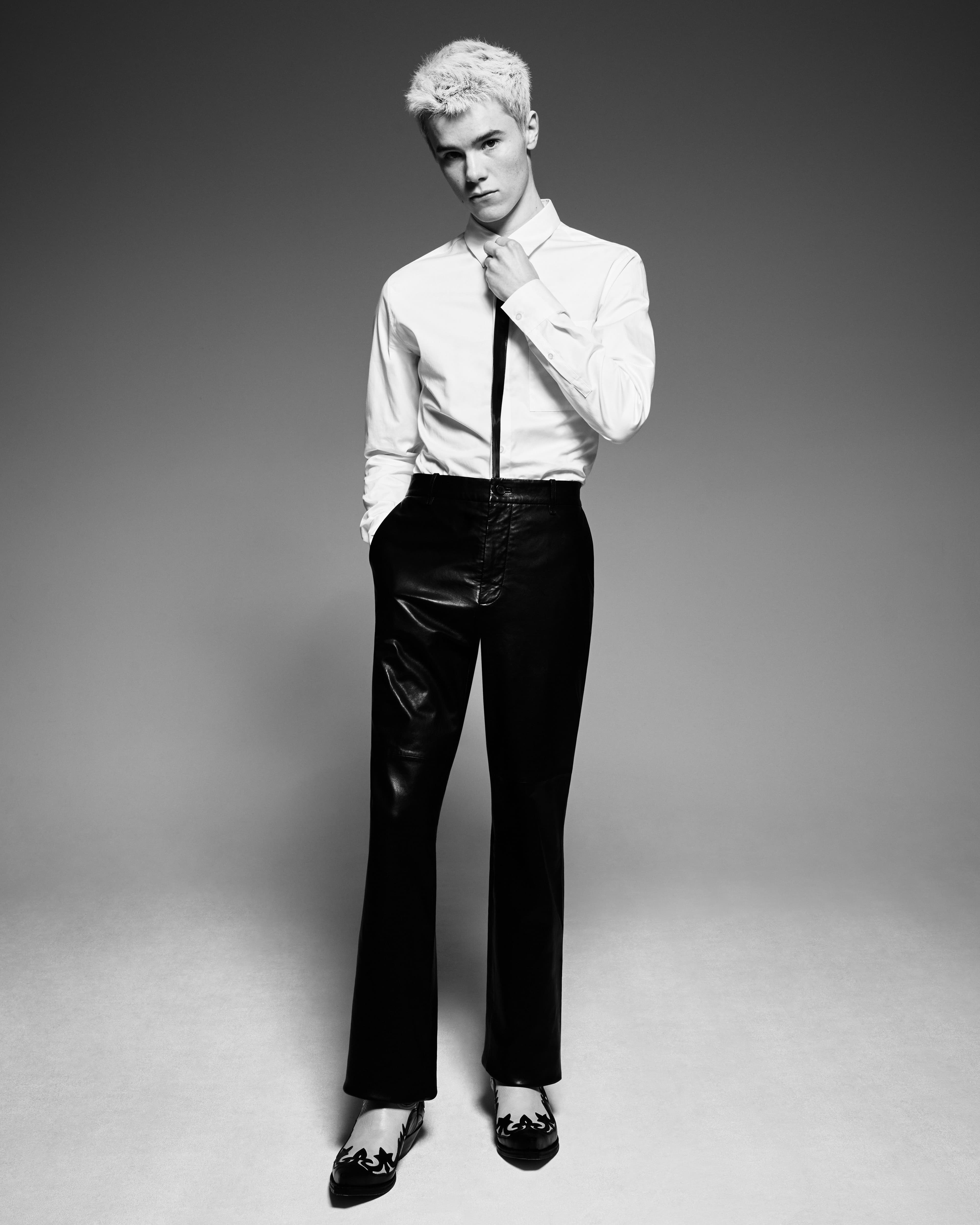 SHIRT by ,COS., PANTS by ,J.Lindeberg., TIE, stylist’s own. BOOTS by ,Sendra.