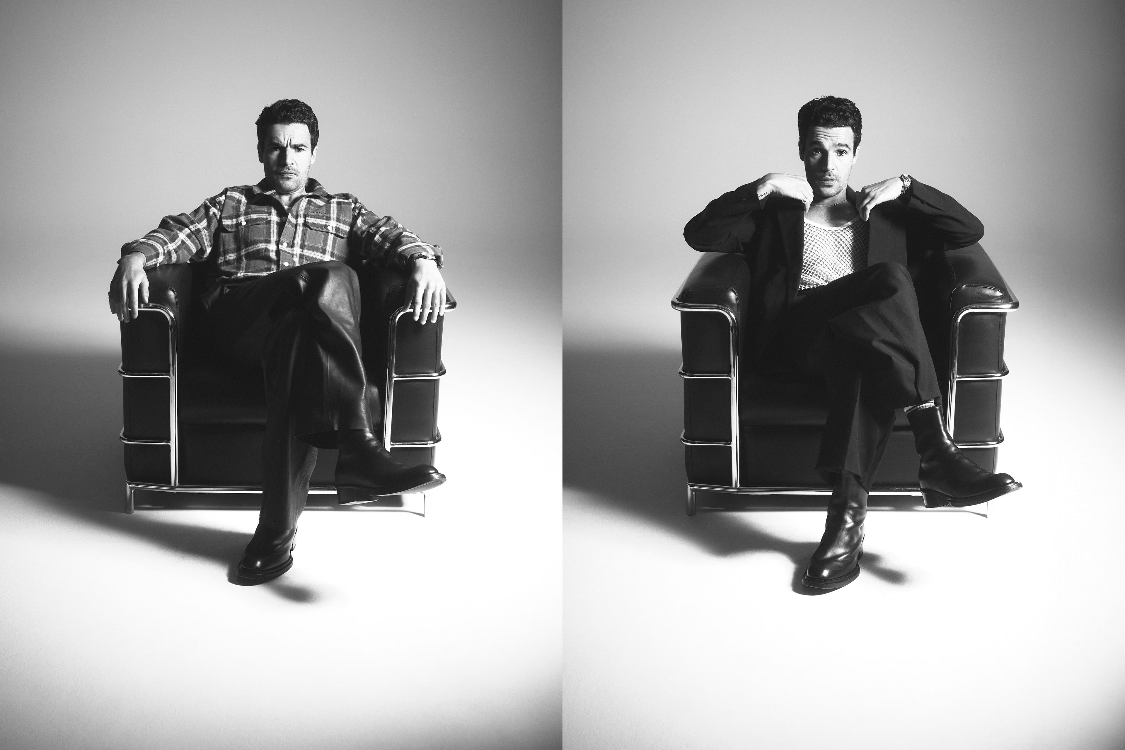 Left: Shirt by Givenchy. Pants by Hermès. Belt by Comme des Garçons. Shoes by Alexander McQueen. Right: Jacket and pants by Zegna. Vintage top, stylist’s own. Shoes by Alexander McQueen.