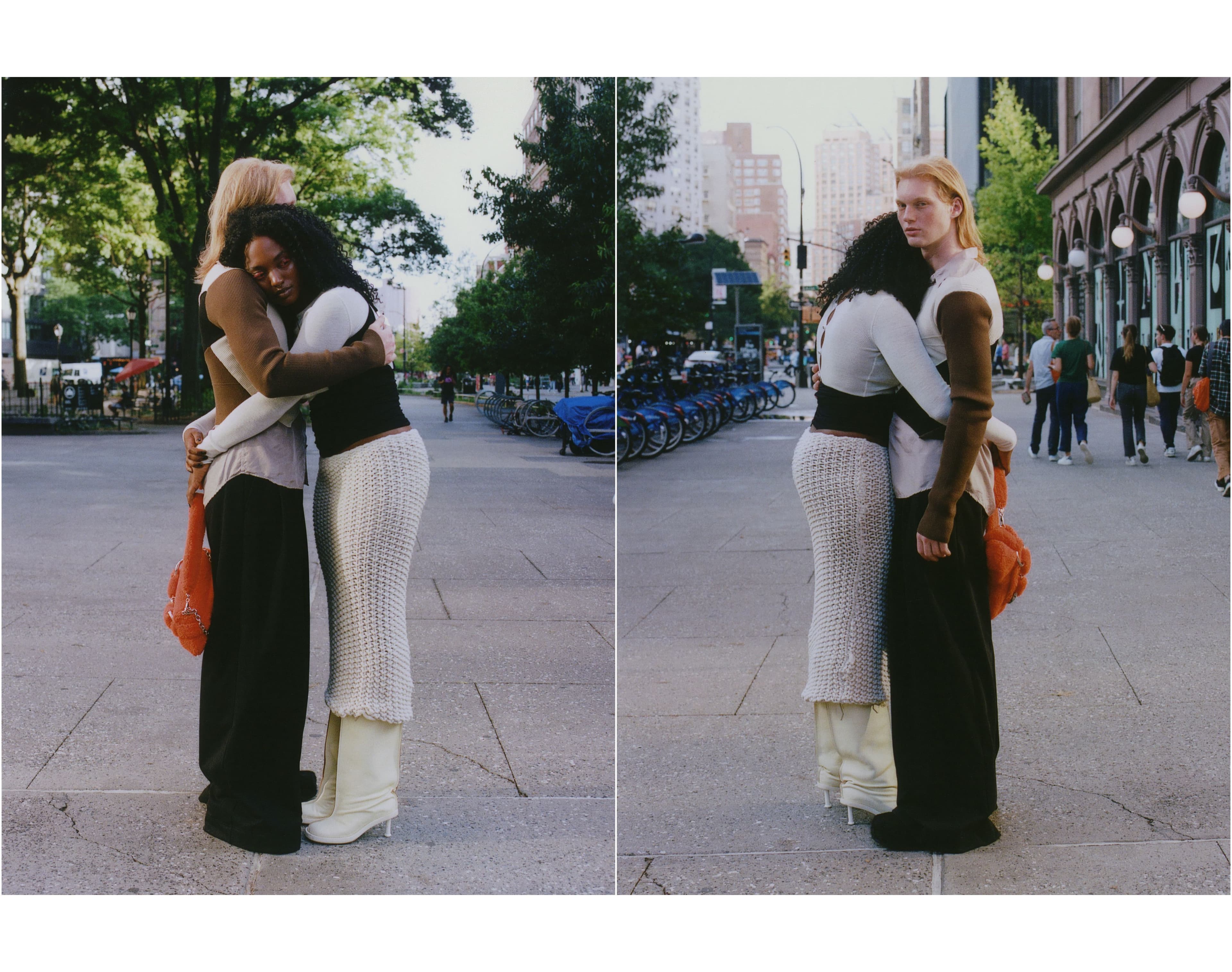 Tyler wears all clothing and accessories by Dries Van Noten. Gabrielle wears top and bag by Gucci. Top by Peter Do. Skirt and boots, stylist’s own.