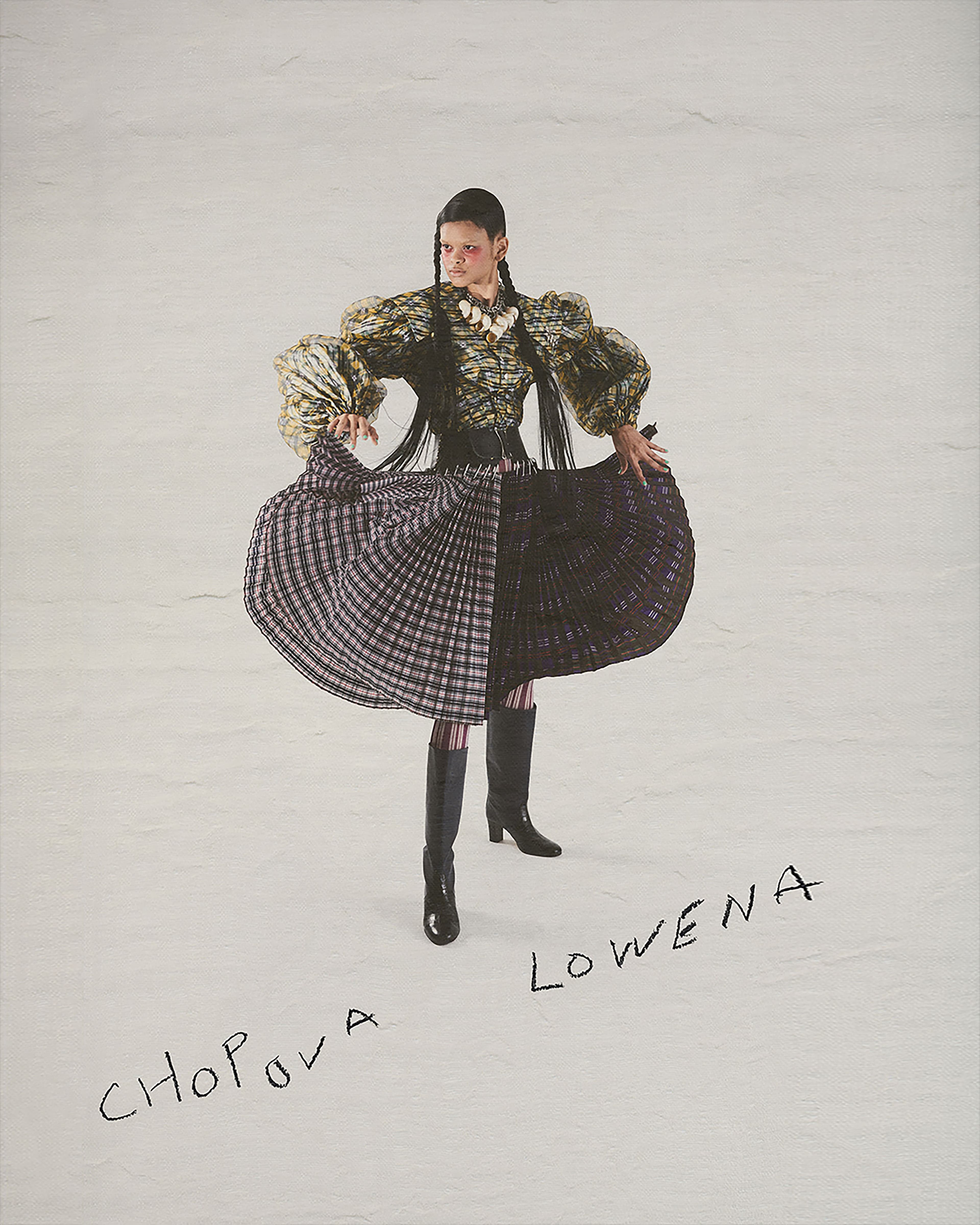 All clothing and necklace by Chopova Lowena. Boots by Maryam Nassir Zadeh.