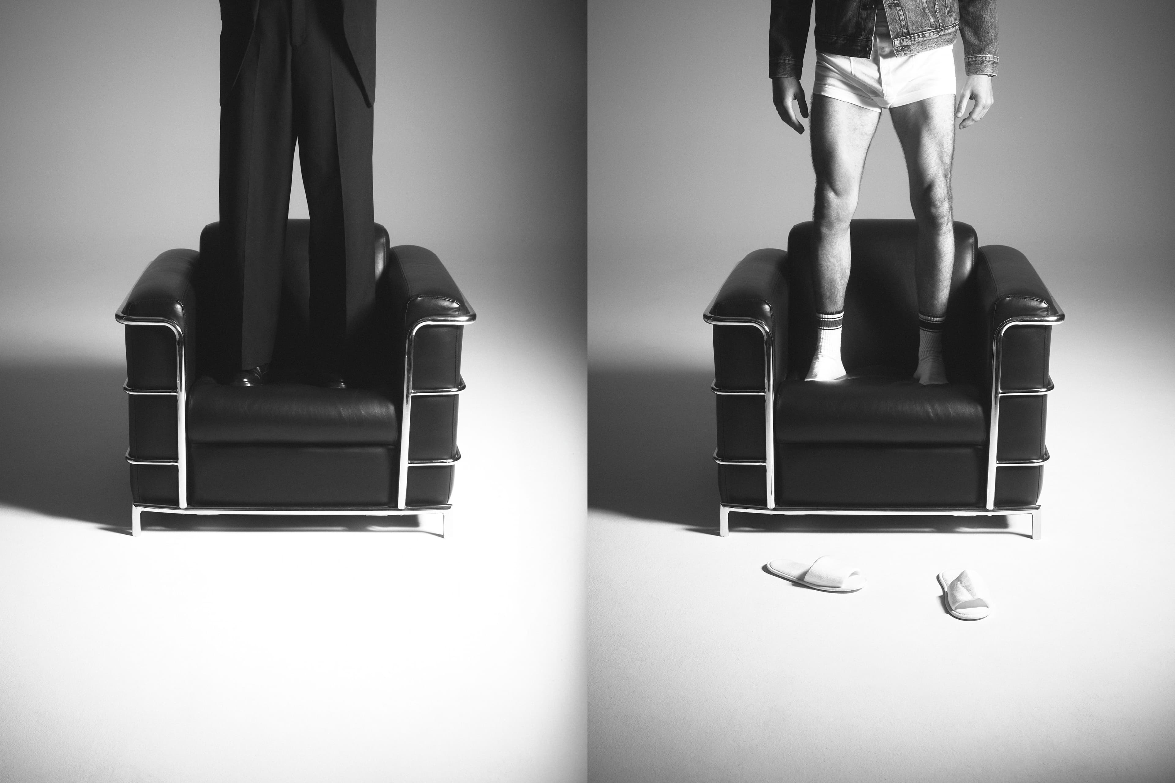 Left: Jacket and pants by Zegna. Shoes by Alexander McQueen. Right: Jacket by Levi’s. Underwear by Calvin Klein. Socks, talent’s own.