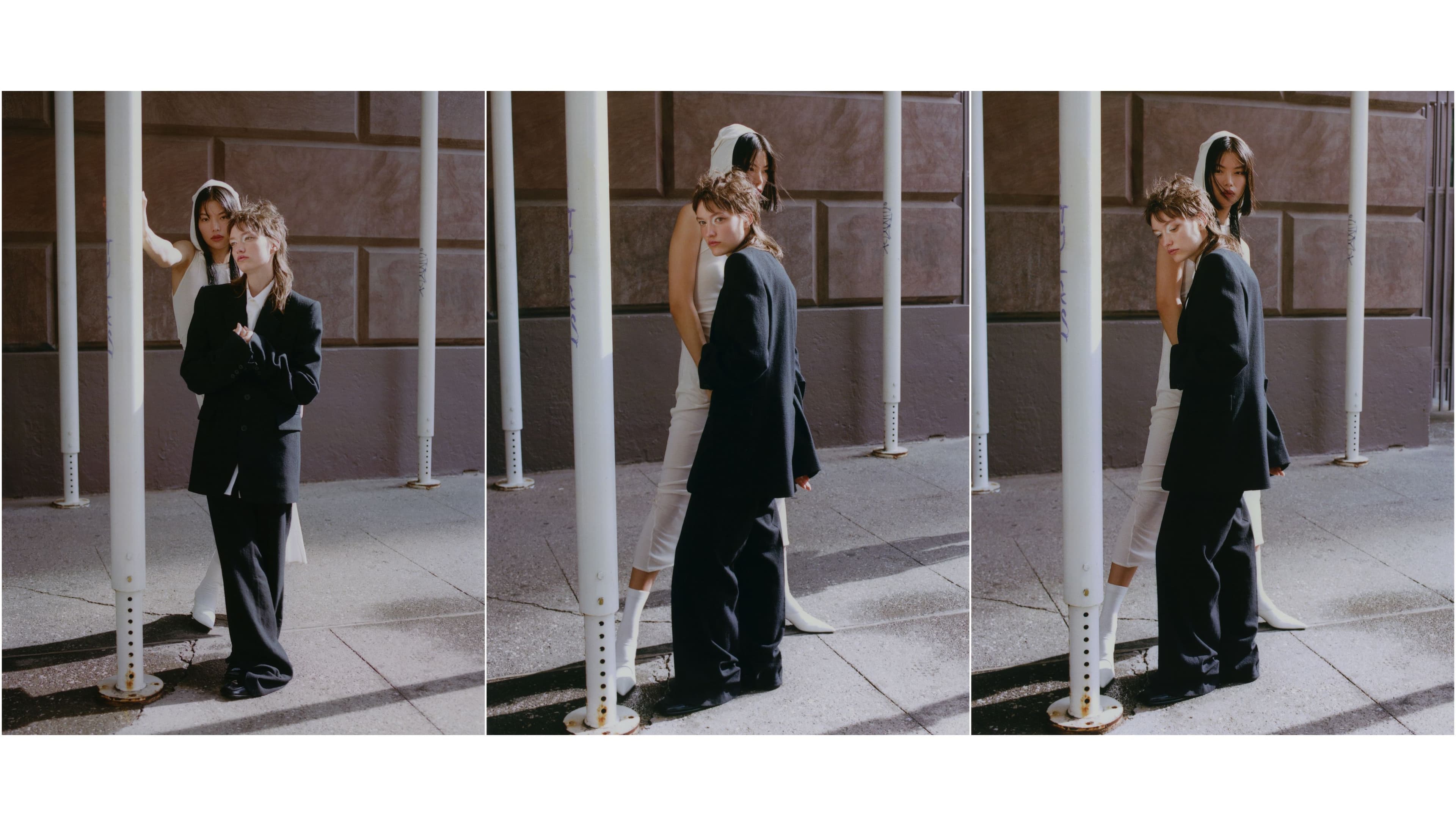 Xue wears dress by Bevza. Shoes by Reike Nen. Socks by Falke. Rings by Sophie Buhai. Nuala wears suit by Ann Demeulemeester. Shirt by Paul Smith. Shoes by Tibi. Ring by Sophie Buhai.