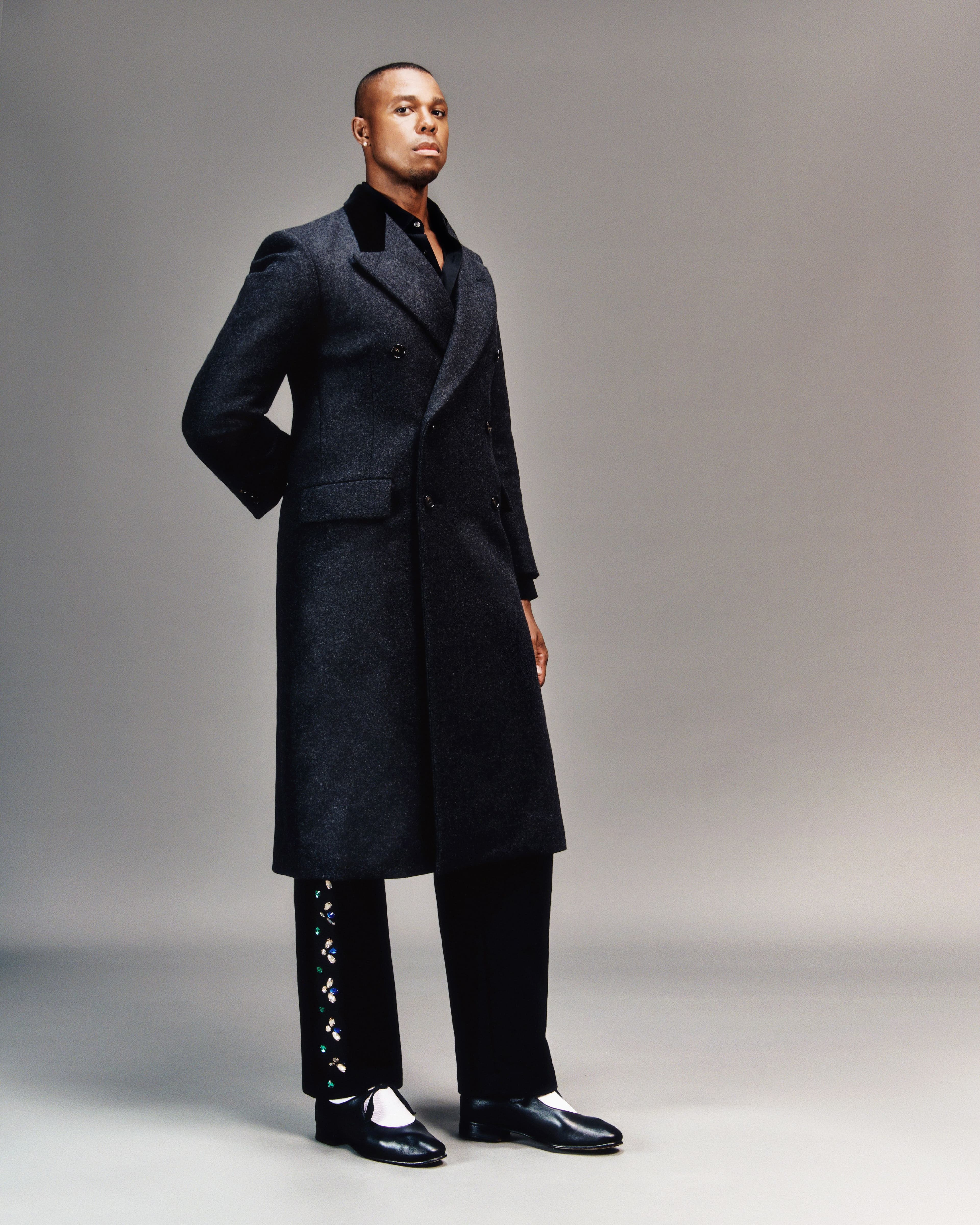 COAT, PANTS, and SHOES by ,Bode. ,SHIRT, stylist’s own.