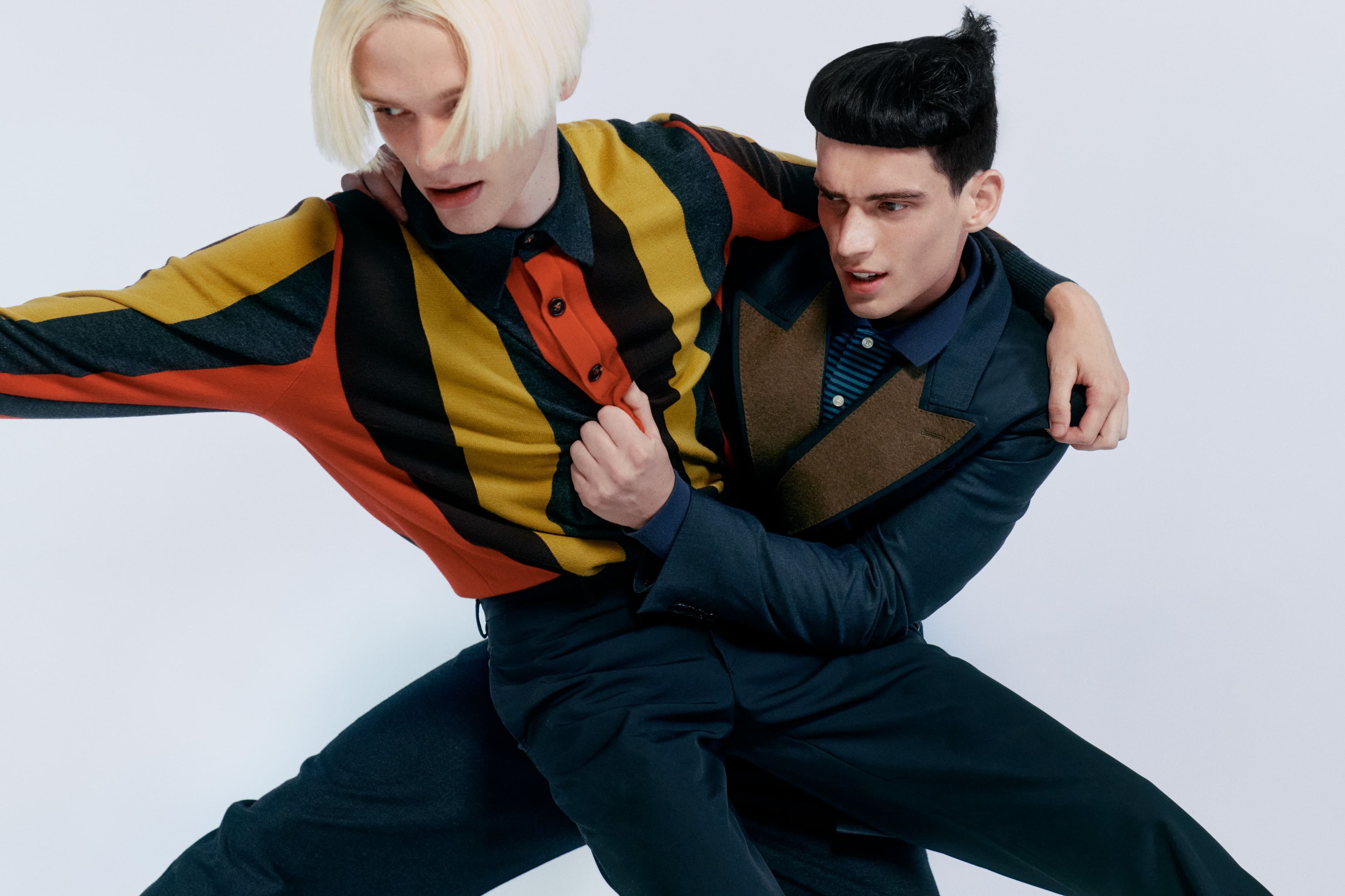 From left: Frye wears shirt by Gabriela Hearst. Vintage pants by Jil Sander from the David Casavant Archive. Hughes wears jacket by Etro. Shirt by Brooks Brothers. Pants by Lemaire.