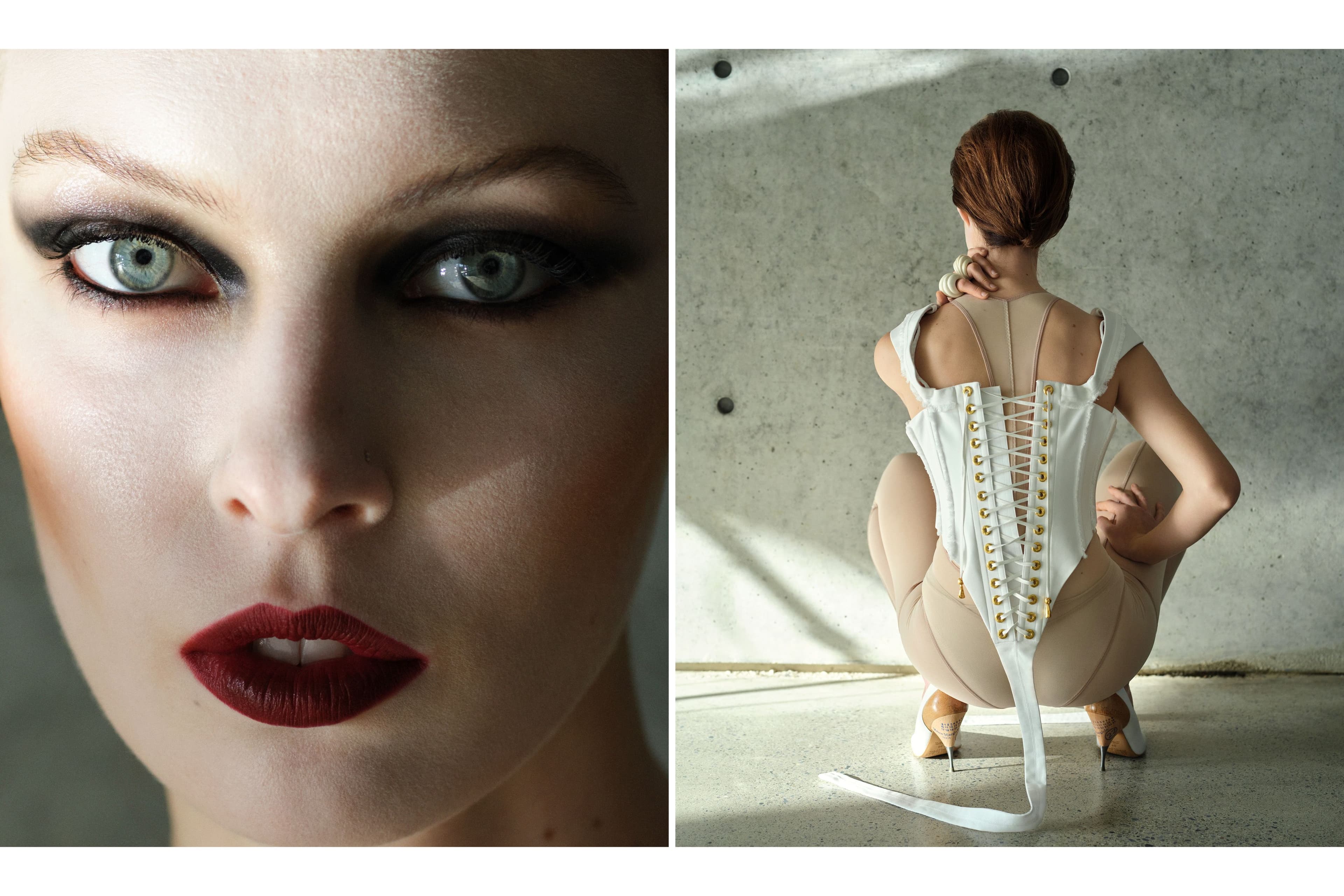 Corset by Schiaparelli. Vintage bodysuit and tights by Ann Demeulemeester from Albright Fashion Library. Vintage shoes by Maison Margiela. Rings by Patricia von Musulin.