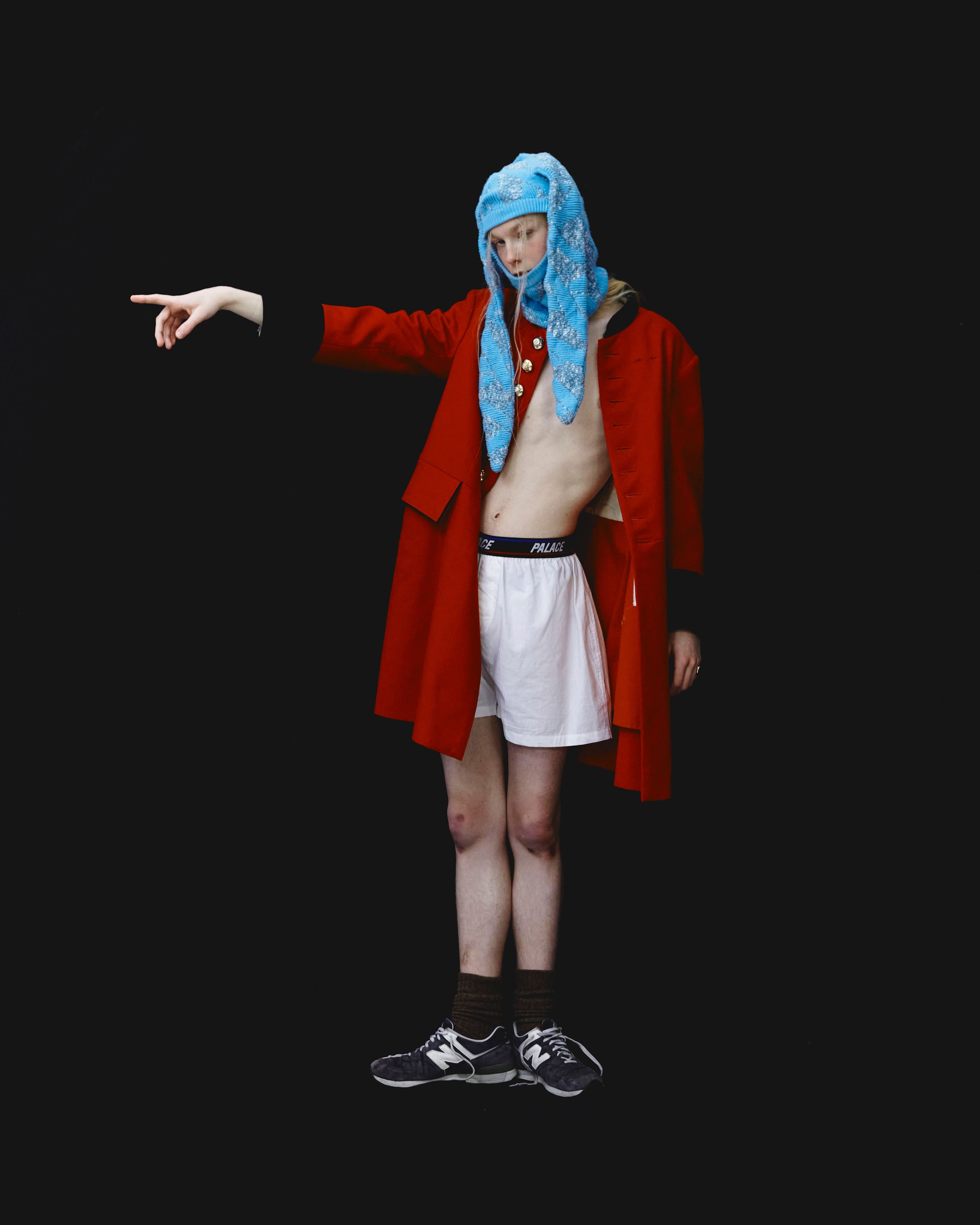 Jacket and socks, stylist’s own. Underwear by Palace. Balaclava by Ms. Maskie. Shoes by New Balance.