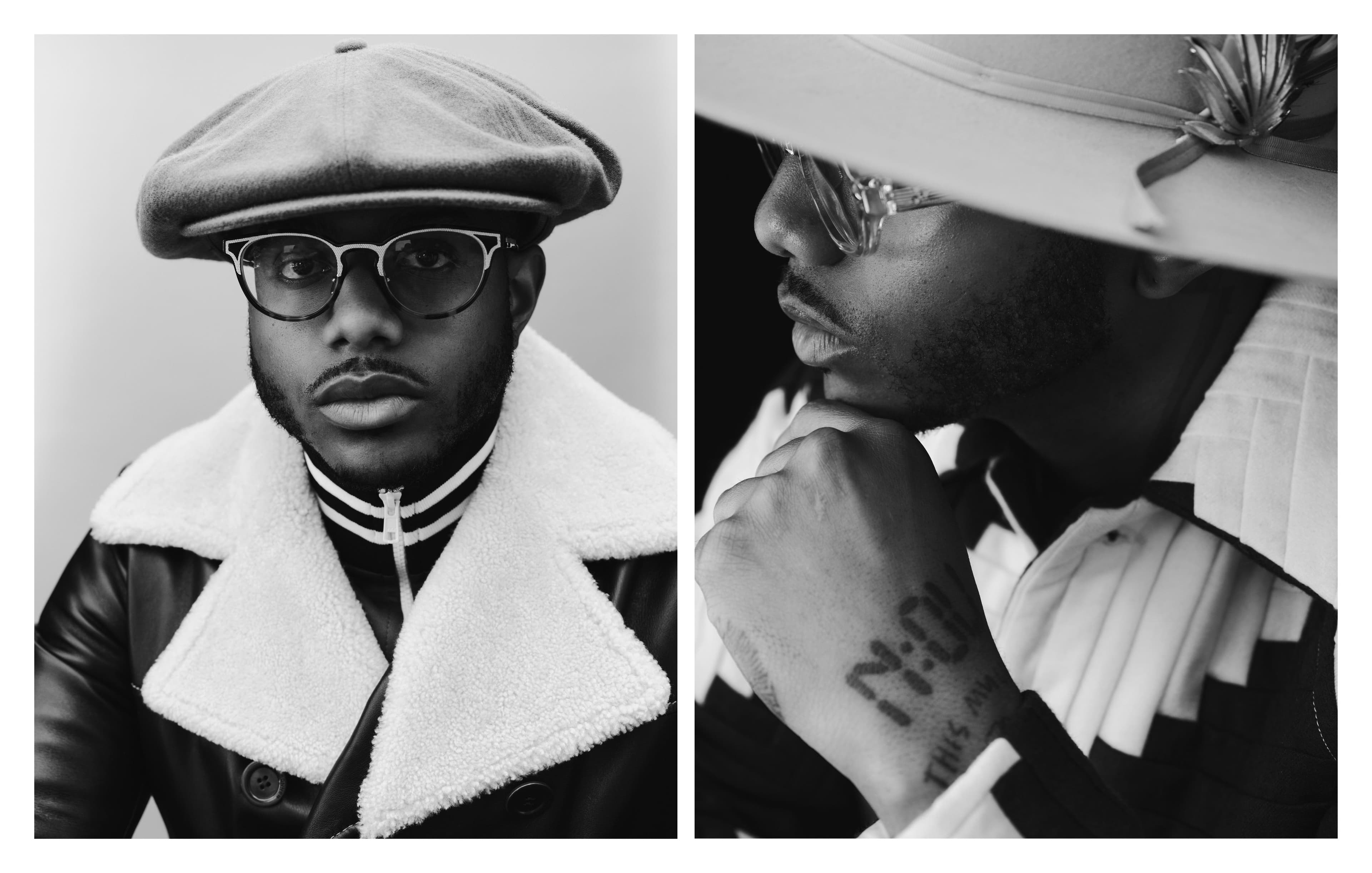 Left: All clothing by Wales Bonner. Hat by Junya Watanabe Man. Right: Coat by Bode. Hat, Onwuachi’s own.