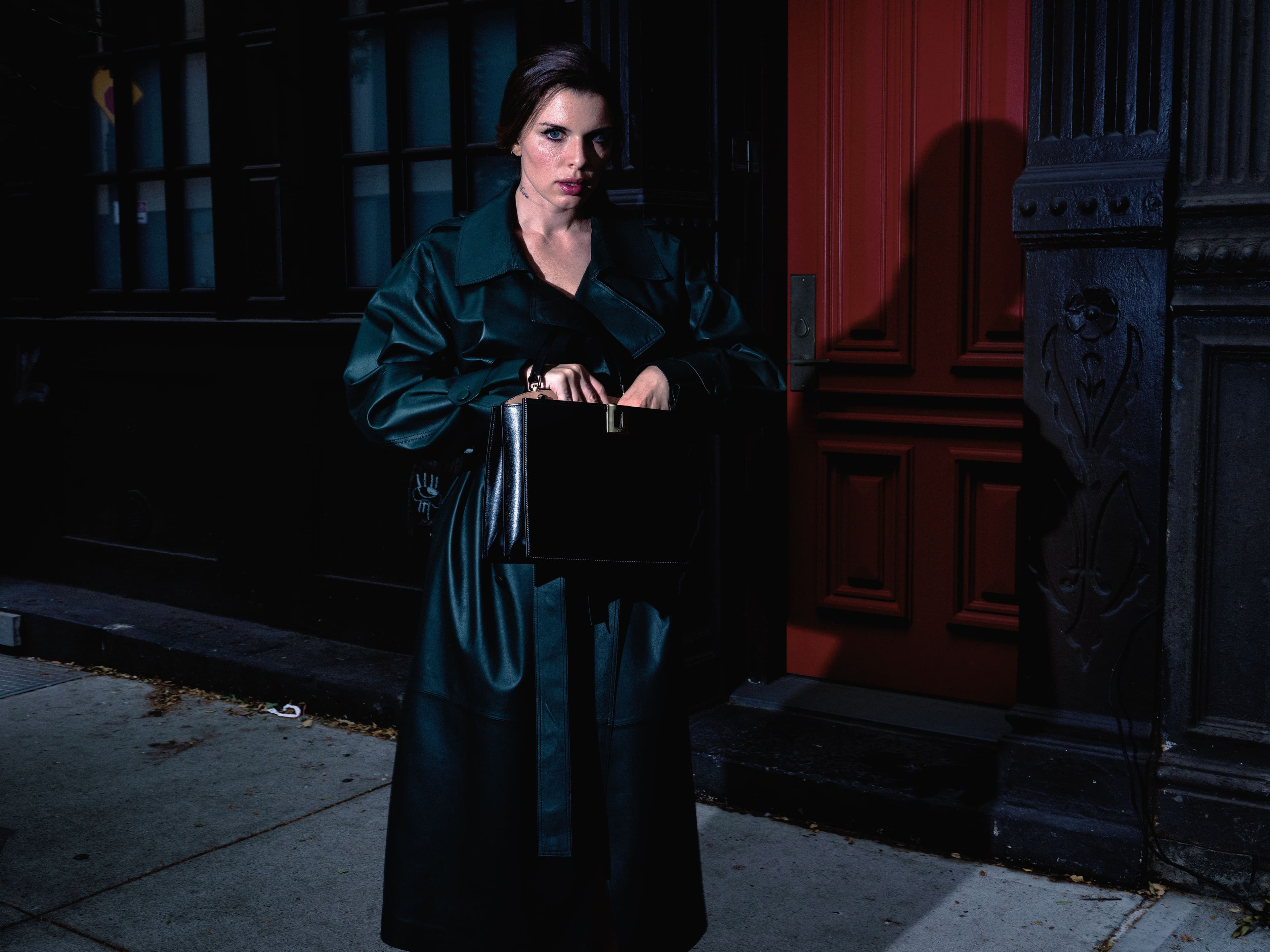 Trench coat by Lafayette 148. Bag by Roger Vivier.