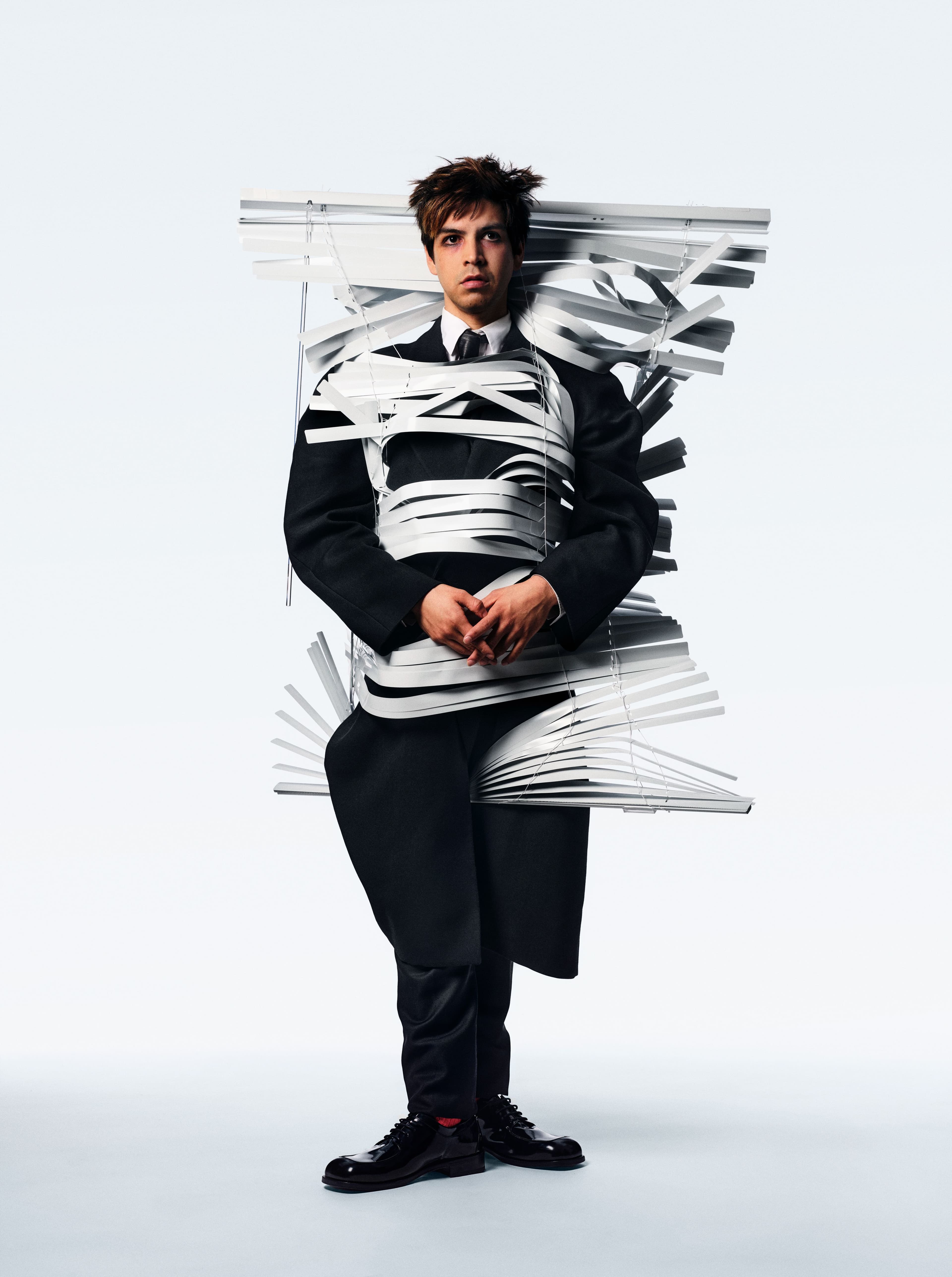 All CLOTHING and TIE by ,Alexander McQueen,. SHOES by ,Ferragamo,.