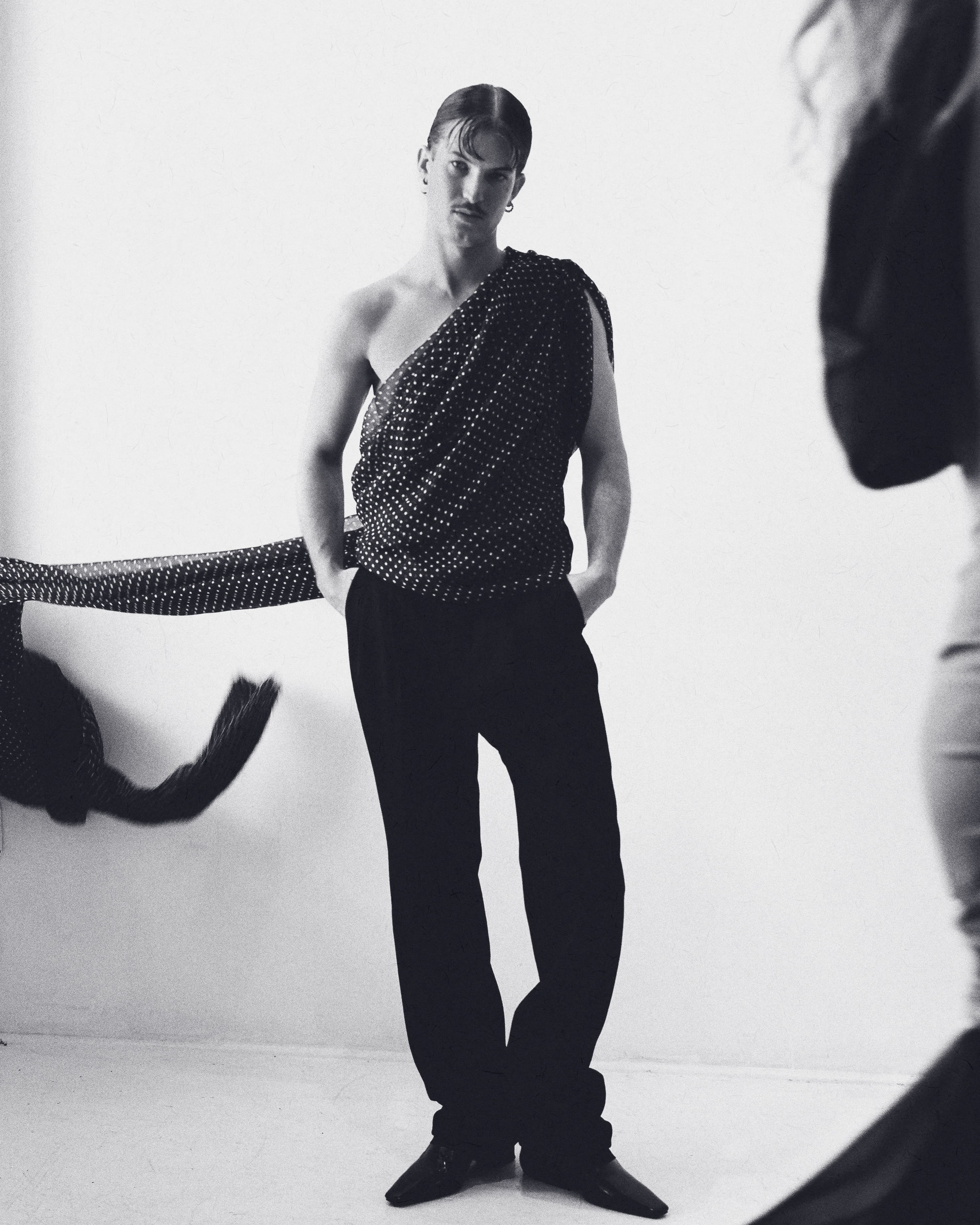 All clothing and shoes by Saint Laurent. All jewelry by Spinelli Kilcollin.